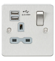 Knightsbridge Flat Plate 13A 1G Switched Socket Dual USB 2.1A Grey Insert (Brushed Chrome)